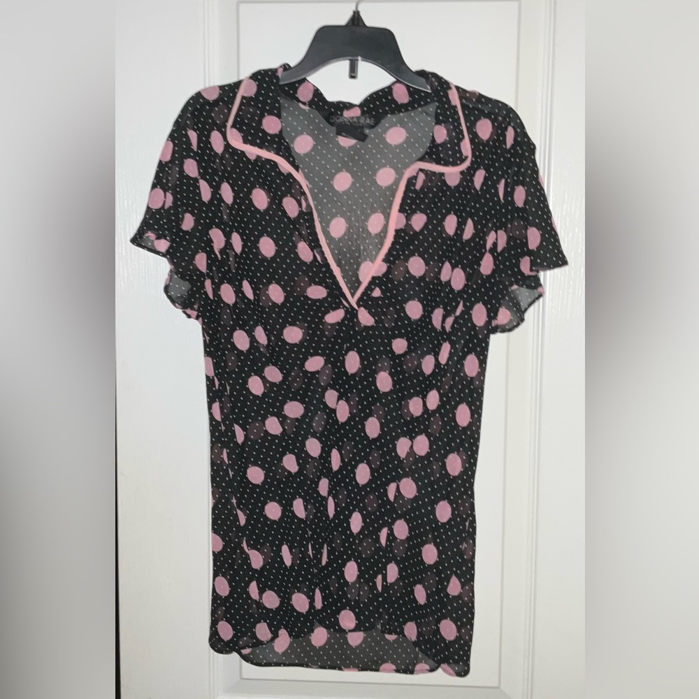 Donna Rae New York black with pink & white polka dots sheer blouse